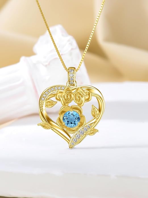 Midari 18K Gold Heart Birthstone Necklace for Women Rose Pendant Birthday Jewelry Gifts for Wife Her Daughter Mom