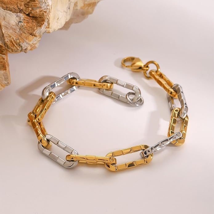 Fashion 18K Gold Stainless Steel Non-Fading Jewelry Gold and Silver Mix-and-Match Two-Tone Chain Women's Bracelet