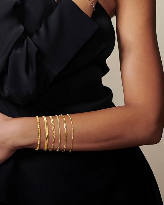 DEARMAY 14K Gold Plated Bracelets for Women Waterproof, Jewelry Sets Trendy Thin Dainty Stackable Cuban Link Paperclip Chain Bracelet Pack Fashion Accessories Gifts for Womens