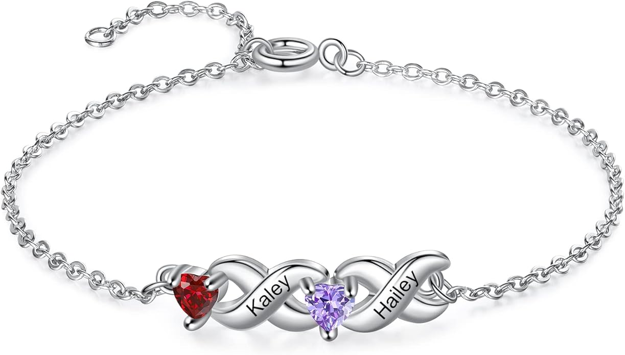 Personalized Custom Name Heart Bracelet with 1-6 Birthstone Bracelets for Women Engraved Family Names Link Bracelets for Mother's Day Mom Daughter