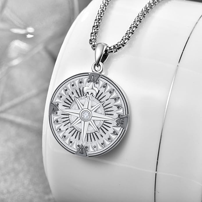 KINGWHYTE Compass Necklace for Men 925 Sterling Silver Birthday Gifts Graduation Travel Jewelry for Husband Brother with Stainless Steel Chain