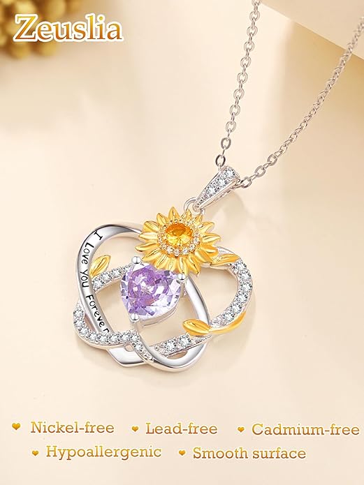Zeuslia Double Birthstone Necklace Gifts for Wife - 925 Sterling Silver Sunflower/Rose/Crown Cross/Compass/Heart Pendant I Love You Necklace, Anniversary Birthday Gifts for Wife Girlfriend Mom Her