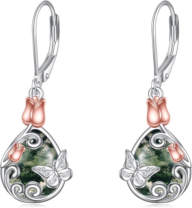 AOBOCO Butterfly/Dragonfly/Bee/Ladybug Leverback Earrings 925 Sterling Silver Rose Lotus Tulip Flower Filigree Dangle Earrings Teardrop Moonstone Larimar Turquoise Abalone Shell Jewelry Birthday Gifts for Women