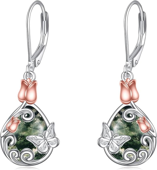 AOBOCO Butterfly/Dragonfly/Bee/Ladybug Leverback Earrings 925 Sterling Silver Rose Lotus Tulip Flower Filigree Dangle Earrings Teardrop Moonstone Larimar Turquoise Abalone Shell Jewelry Birthday Gifts for Women
