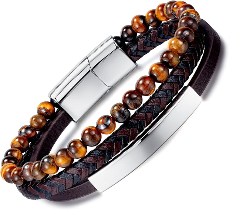 Italian Handmade Genuine Leather Bracelets for Men Stainless Steel Clip, Men's Casual Genuine Multi-layer Cuff Bracelet, Bracelet Gift for Real Men
