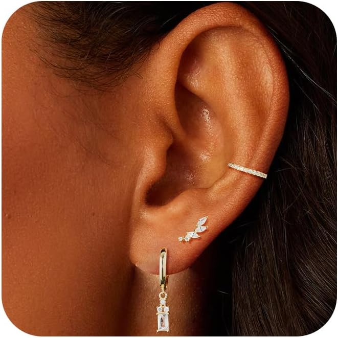 Gold Ear Cuffs Earrings for Women Non Piercing - Clip on Cartilage Earrings Dainty 14K Gold Sterling Silver Plated Cubic Zirconia Huggie Hoop Earring for Women No Tarnish Trendy Jewelry Set