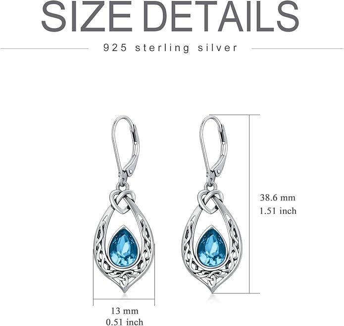 Celtic Knot Dangle Earrings 925 Sterling Silver Oxidized Vintage Drop Leverback Earrings with 8 * 6mm Simulated Birthstone Crystal Christmas Jewelry Gifts for Women (Gift Box)