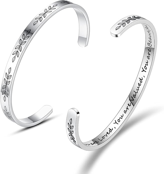 TONY & SANDY Inspirational Bracelets for Women Teen Girls Personalized Gifts for Daughter Granddaughter Mom Sister Friends Stainless Steel Engraved Cuff Birthday Easter Christmas