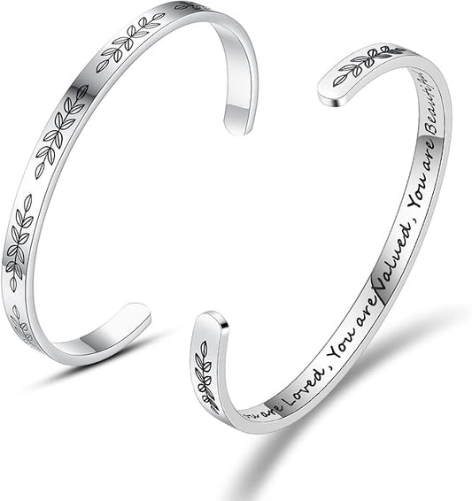 TONY & SANDY Inspirational Bracelets for Women Teen Girls Personalized Gifts for Daughter Granddaughter Mom Sister Friends Stainless Steel Engraved Cuff Birthday Easter Christmas