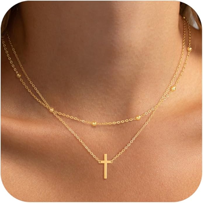 Cross Necklace for Women Dainty 14K Real Silver Gold Plated Layered Cross Pendant Necklace Stack Simple Trendy Cute Charm Choker Necklaces Jewelry Gift for Women Teen Her