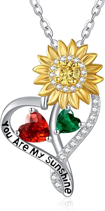 Zeuslia Double Birthstone Necklace Gifts for Wife - 925 Sterling Silver Sunflower/Rose/Crown Cross/Compass/Heart Pendant I Love You Necklace, Anniversary Birthday Gifts for Wife Girlfriend Mom Her