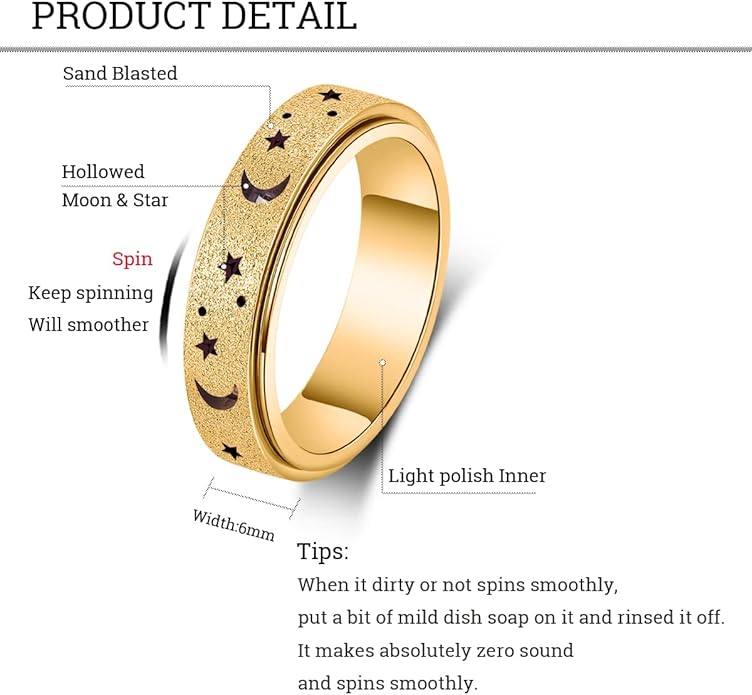AmorArtSky Anxiety Ring for Women Men, Titanium Stainless Steel Spinner Ring, 5 Colors, 6MM, Size 6-10, 3 Styles Anxiety Ring-Moon Star, Sandblasted Finished, Hollow Outer