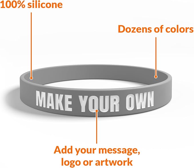 Custom Wristbands For Events, Fundraisers & Promotions | Add Text, Icons, & Logos | Bulk Rubber Bracelets | Classic 1/2” | 100% Silicone