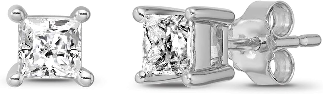 14K Gold Princess Diamond 4-Prong Solitaire Stud Earrings (1/10-1 cttw, I-J Color, I2-I3 Clarity)