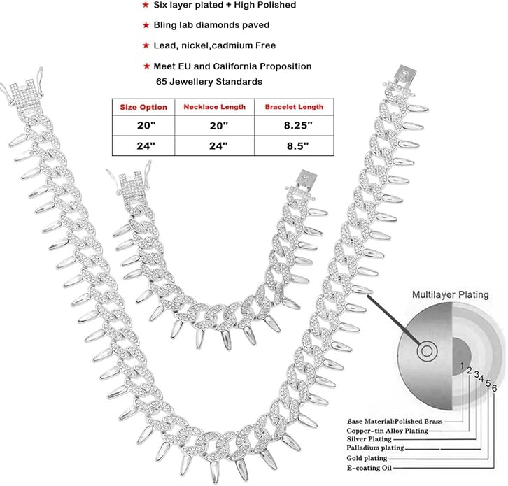 HH BLING EMPIRE Mens Gold Silver Plated Spike Cuban Link Chain Necklace and Bracelet Sets, Chunky Iced Out Diamond Miami Cuban Link Chains Hip Hop Jewelry