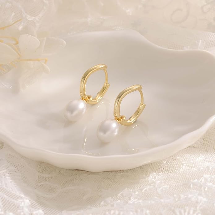 14K Gold Plated Pearl Dangle Earrings for Women, Small Pearl Drop Huggie Hoop Earrings, Hypoallergenic Dainty Gold Wedding Earrings Jewelry Gifts for Women Trendy