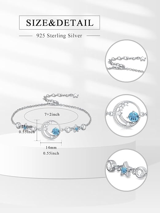 Moon and Star Birthstone Charm Link Bracelet 925 Sterling Silver Moon and Star Bracelet with 12 Months Birthstone Birthday Jewelry Gifts for Women Mom Her,Chain Length 7"+2" Extend