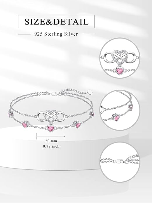 Dorunmo 925 Sterling Silver Infinity Heart Birthstone Anklet Bracelets for Women Best Mother's Day Birthday Jewelry for Wife Girlfriend Mom Her