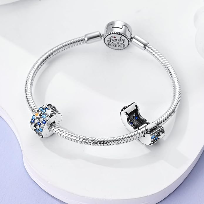 Parmuz Clip Spacer Charm for Bracelet 925 Sterling Silver Pave Cubic Zirconia Lock Stopper Bead Star Moon Evil Eye Jewelry Charm for Woman