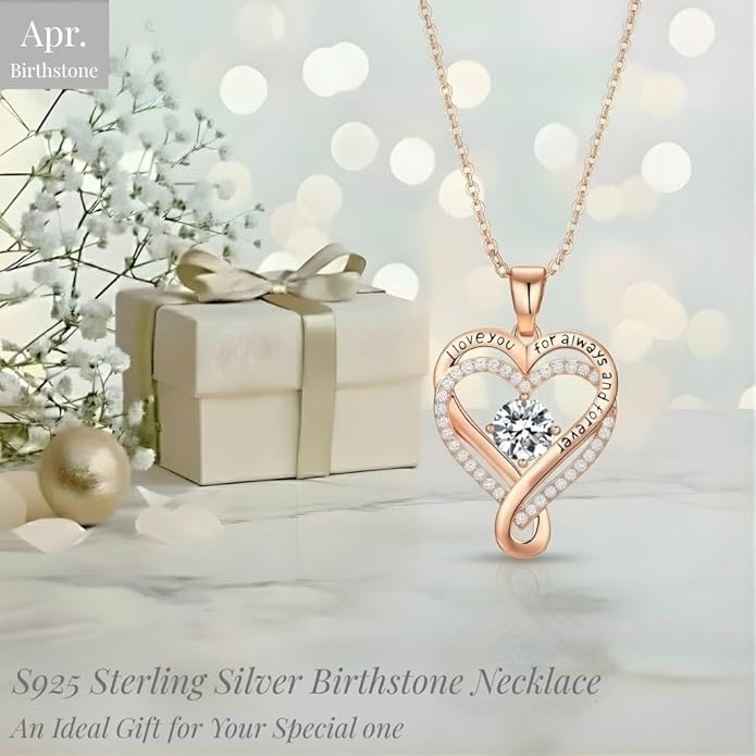 Birthstone Infinity Heart Necklace for Women Wife Girlfriend Mom Daughter Gifts S925 Silver Jewelry For Anniversary Rose Gold Gifts For Birthday Christmas Mothers Valentines Day