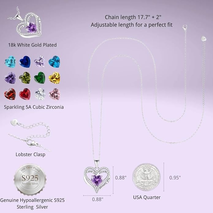 Birthstone Heart Necklace for Women Wife Girlfriend Mom Daughter Gifts S925 Silver Jewelry For Anniversary Rose Gold Gifts For Birthday Christmas Mothers Valentines Day