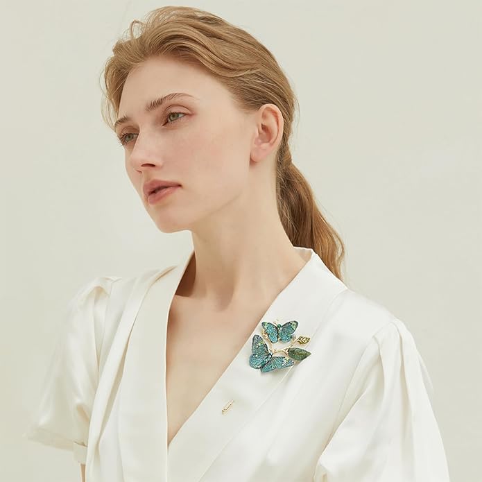 Handmade Embroidery Flower Brooch Pins for Women, SHE'S FREE STYLE JUST FOR YOU Luxury Gradient Stitching Floral Brooch Pins with Crystal stamen, Enamel Metal Butterfly with Green Leaves, Hand Dripping Oil Jewelry pins