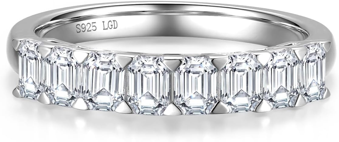 AGVANA 1.2 Ct. Tw. Emerald-Cut Lab Grown Diamond Ladies Eternity Wedding Bands in Sterling Silver Engagement Promise Wedding Anniversary Stackable Band Ring for Women (D-E Color, VS Clarity), Size 5-9