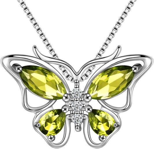 Aurora Tears Butterfly Birthstone Pendant Necklace - Women 925 Sterling Silver Butterflies Birthstone Pendant Necklace Jewelry Birthday Gift for Women