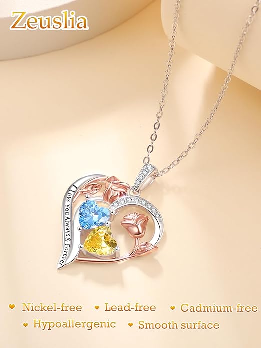 Zeuslia Double Birthstone Necklace Gifts for Wife - 925 Sterling Silver Sunflower/Rose/Crown Cross/Compass/Heart Pendant I Love You Necklace, Anniversary Birthday Gifts for Wife Girlfriend Mom Her