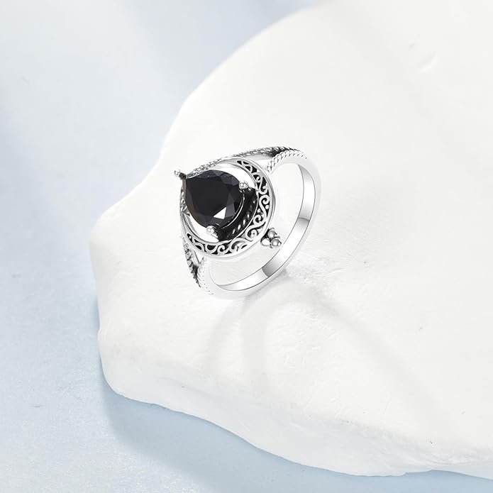 Vintage Moon Ring 925 Sterling Silver Retro Filigree Crescent Teardrop Black Stone Ring Jewelry Gifts for Women US Size 5-13