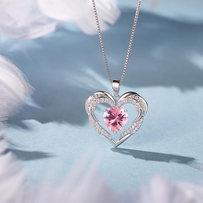 Heart Necklaces Valentine's Gift for Women, Birthstone 925 Sterling Silver Angel Wings Love Pendant Necklaces for Women, Jewelry Gifts for Wife, Anniversary, Mother's day