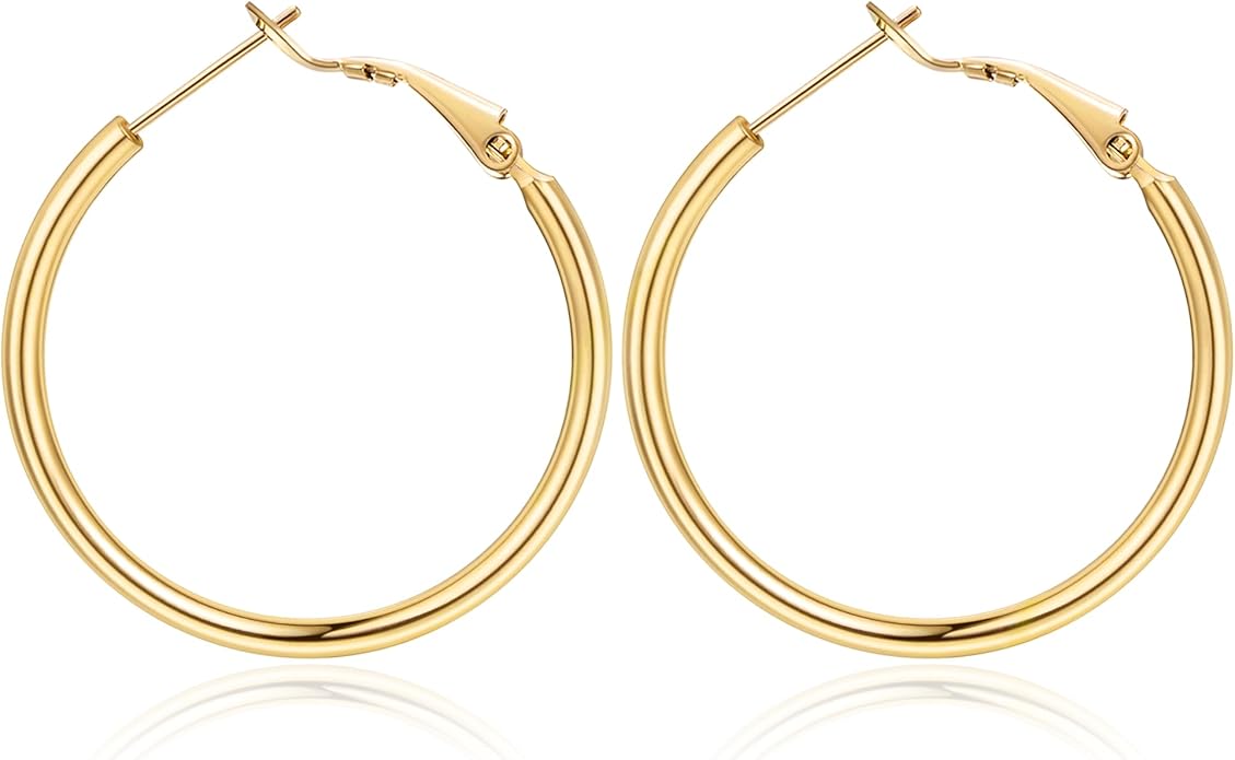 Jewlpire 14K Gold Plated 925 Sterling Sliver Post Hoop Earrings, 2MM Thick Hoop earrings Lightweight Large Hoop Earrings for Women Trendy 20/30/40/50/60/70mm