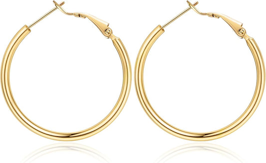 Jewlpire 14K Gold Plated 925 Sterling Sliver Post Hoop Earrings, 2MM Thick Hoop earrings Lightweight Large Hoop Earrings for Women Trendy 20/30/40/50/60/70mm
