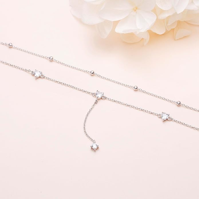 925 Sterling Silver Ankle Bracelet for Women Heart Multilayer Anklets Dainty Beaded Chain Adjustable 9+1 Inches for Summer Cute Beach Foot Jewelry