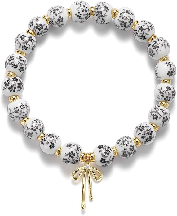 Beads Bow Charm Bracelet for Women Flower Vintage Bracelet Handmade Stretch Beaded Dainty Romantic Jewelry Gifts