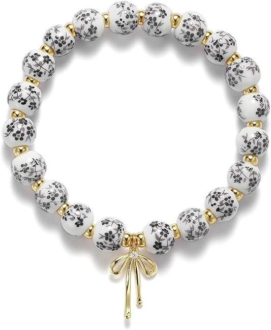 Beads Bow Charm Bracelet for Women Flower Vintage Bracelet Handmade Stretch Beaded Dainty Romantic Jewelry Gifts