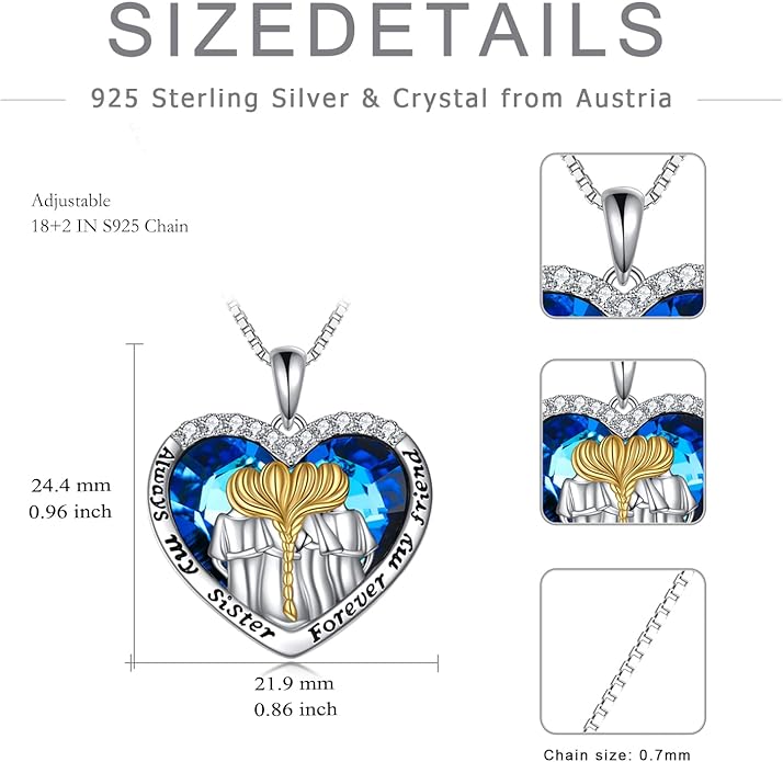 POPKIMI 925 Sterling Silver Sister Necklace - Birthday Gift for Sisters, Mom, Daughter - Always My Sister Forever My Friend Crystal Necklace for 2/3/4/5 Sisters