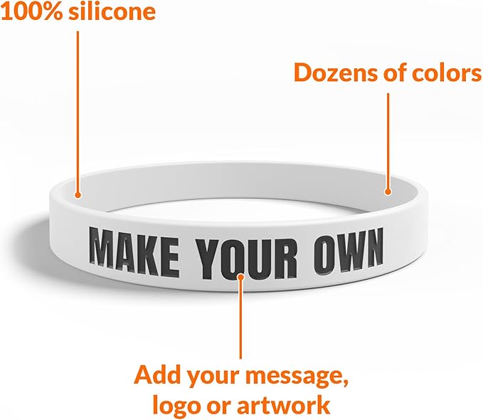Custom Wristbands For Events, Fundraisers & Promotions | Add Text, Icons, & Logos | Bulk Rubber Bracelets | Classic 1/2” | 100% Silicone