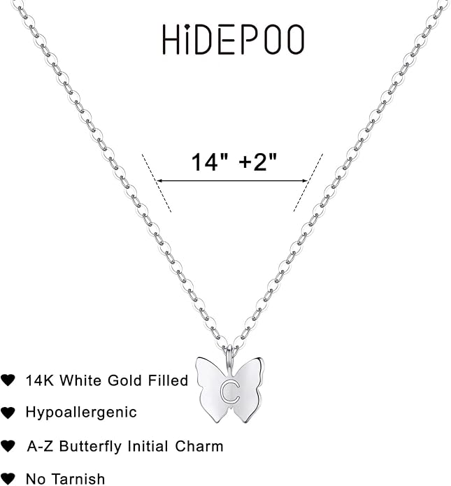 Hidepoo Initial Butterfly Necklace for Girls Gifts, 14K Gold/Silver/Rose Gold Filled Dainty Butterfly Pendant Choker Necklace Initial Butterfly Necklace Birthday Gifts for Girls