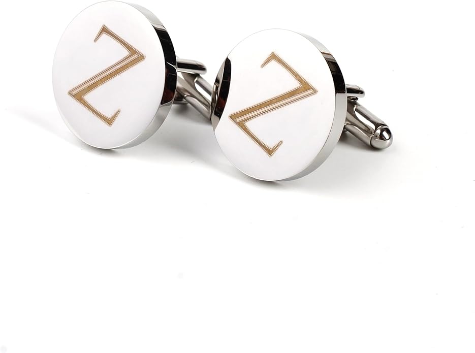 Mens Initial Silver Cufflinks A-Z Alphabet Letter Steel Cuff Links with Engraved Walnut Wood Box Groom Groomsman Wedding Set…