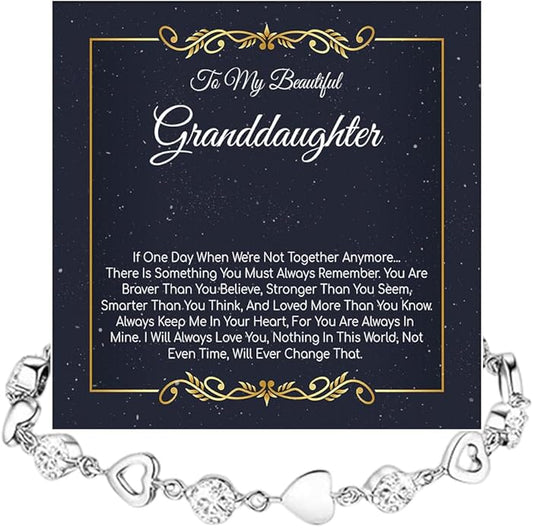 To My Granddaughter Heart Bracelet, Meaningful Jewelry Gift, Bracelet For Granddaughter from Grandma Grandpa with Message Card and Box on Christmas, Birthday, Graduation, Bracelets For Women