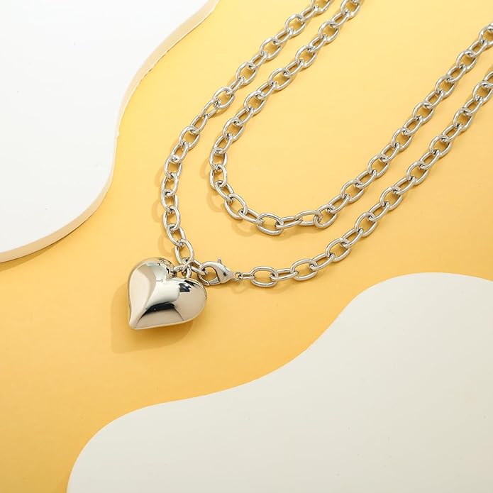 CLASSYZINT Gold Heart Pendant Necklace for Women Puffy Heart Necklace Beads Chain Necklace Statement Necklace Trendy Jewelry