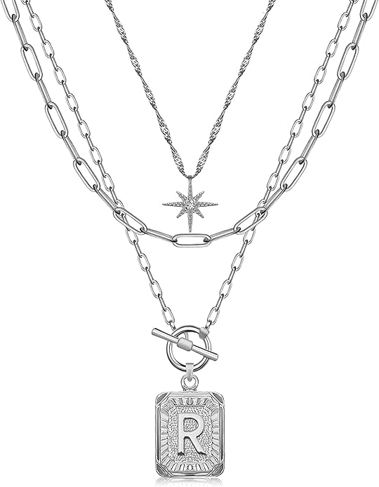 MJartoria Layered Initial Necklaces for Women Trendy, 14K Gold Plated Brass Simple Star Choker Square Letter Pendant Necklace, Paperclip Chain Necklaces Jewelry Gifts
