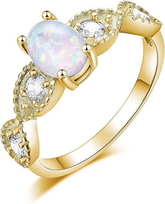 CiNily 18K Gold Plated Opal Ring-White Fire Opal & Amethyst & Cubic Zirconia Women Jewelry Gemstone Engagement Anniversary Ring Size 5-13