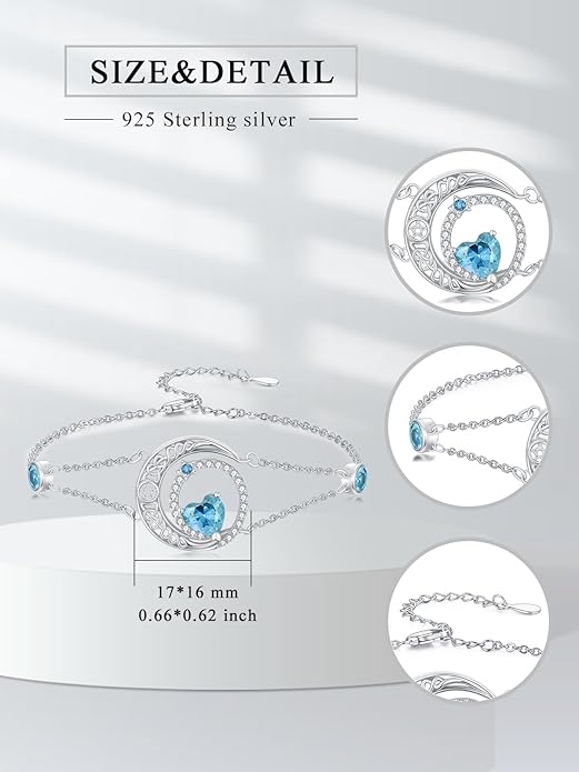 Dorunmo 925 Sterling Silver Moon Heart Birthstone Anklet Bracelets for Women Best Mother's Day Birthday Jewelry for Wife Girlfriend Mom Her