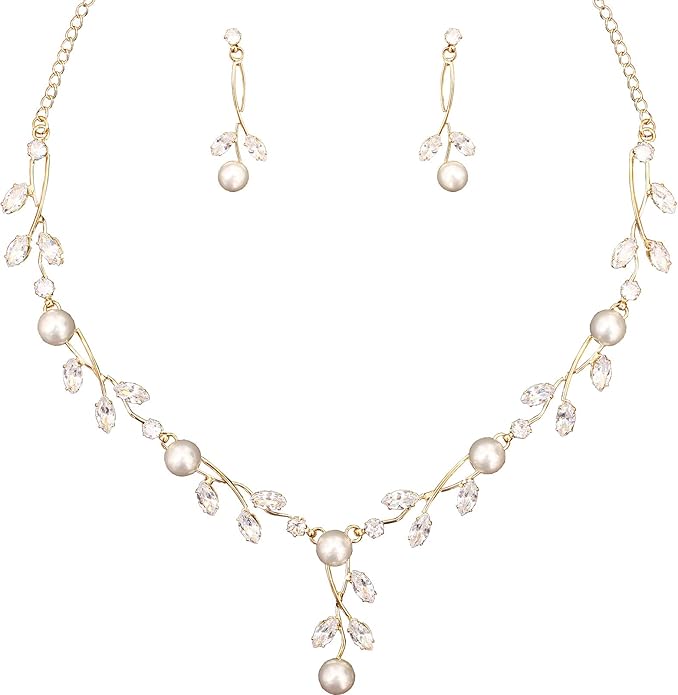 Luxury Cubic Zirconia Aurtrian Crystal Pearl Floral Necklace Dangle Earrings Wedding Bridal Jewelry Set Birthday Gifts for Her