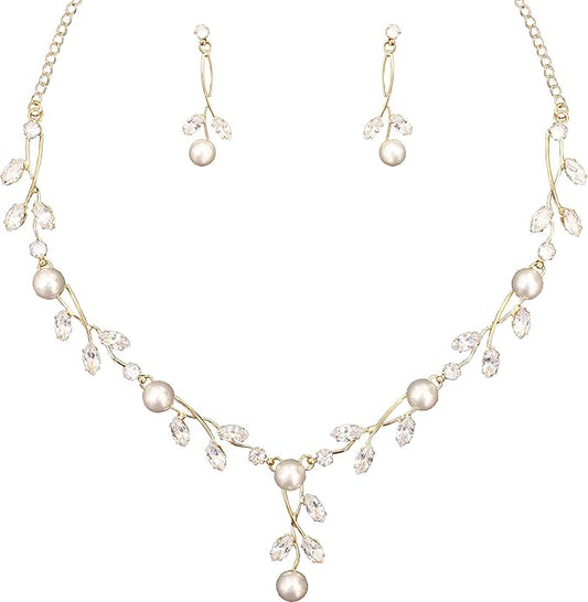 Luxury Cubic Zirconia Aurtrian Crystal Pearl Floral Necklace Dangle Earrings Wedding Bridal Jewelry Set Birthday Gifts for Her