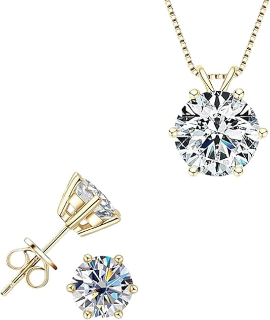 925 Sterling Silver Moissanite Jewelry Set - Classic European Design Necklace Earrings Set with Round Cut Moissanite Pendant - Adjustable Chain - Gift Box