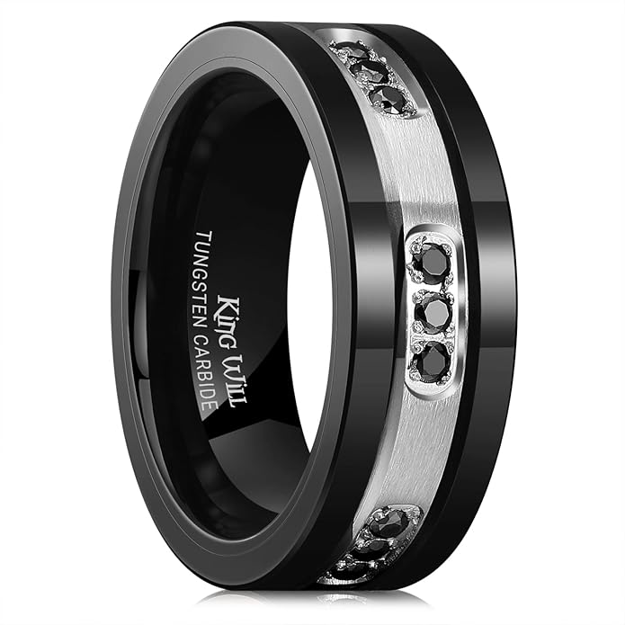 King Will Mens Tungsten Wedding Band with Cubic Zircon Inlay 7mm/8mm Flat Cut Comfort Fit Engagement Rings