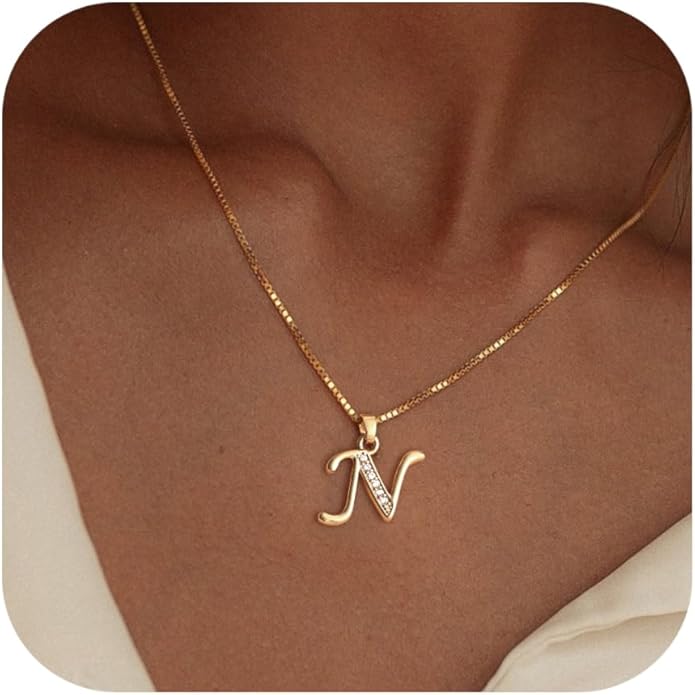 Initial Necklace for Women, 14K Gold Plated Box Chain Letter Pendant, Trendy Name Necklace, Dainty Personalized Jewelry Gift for Her